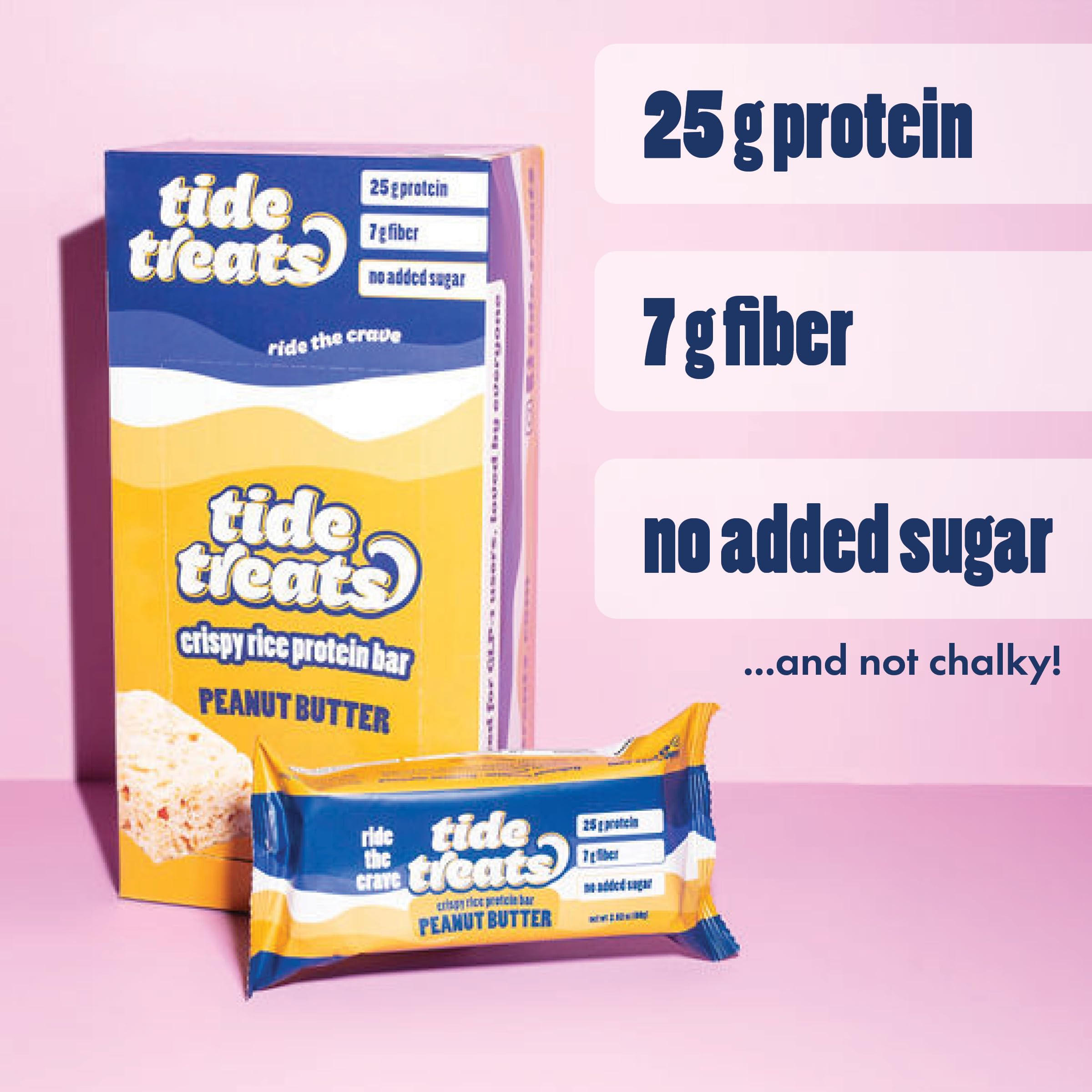 TideTreats Crispy Rice Protein Bar nutrition label shows 25g protein.