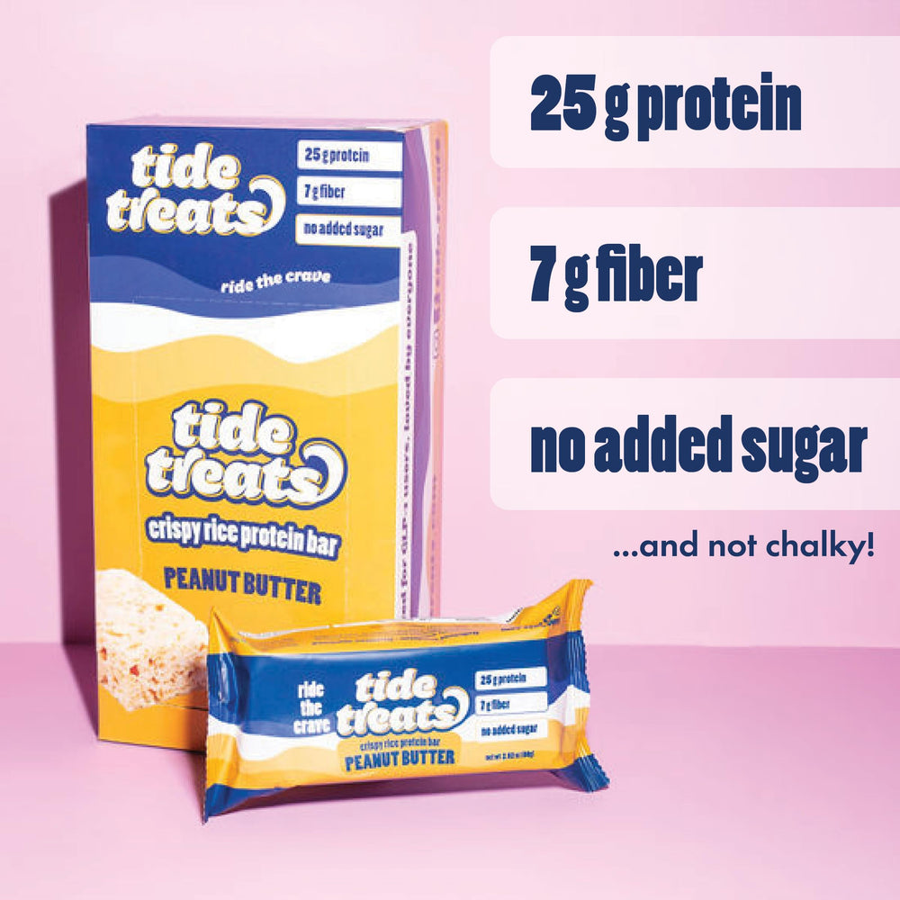 TideTreats Crispy Rice Protein Bar nutrition label shows 25g protein.
