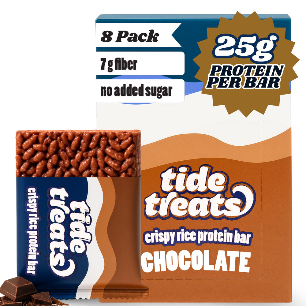 Tidetreats Crispy Rice Protein Bar packaging shows gluten-free, protein-rich snack.