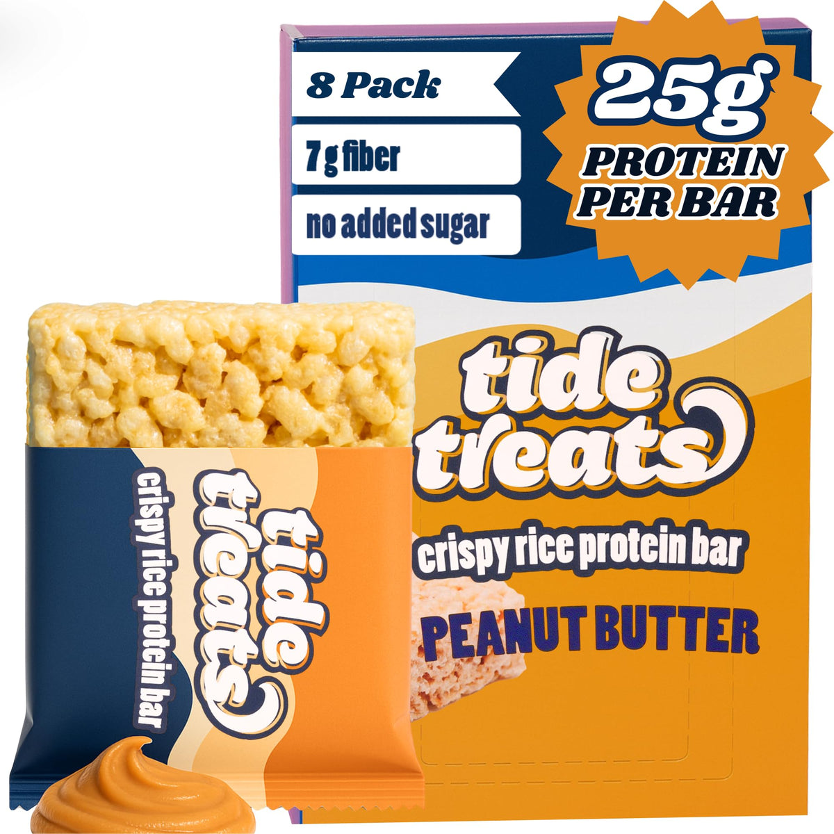TideTreats Crispy Rice Protein Bar packaging highlights grab-and-go convenience.