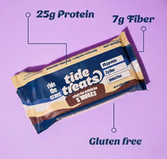 Tidetreats Crispy Rice Protein Bar cross-section showing crunchy interior and marshmallow flavor.