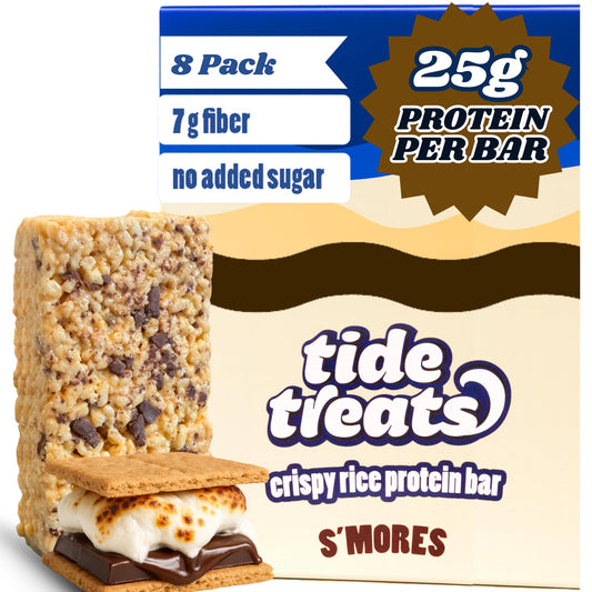 Tidetreats Crispy Rice Protein Bar in S'mores packaging for on-the-go protein.