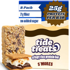 Tidetreats Crispy Rice Protein Bar in S'mores packaging for on-the-go protein.