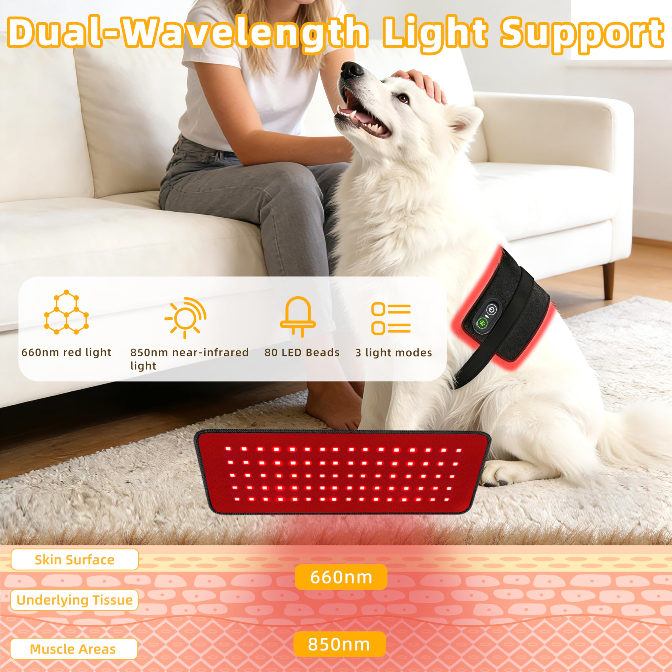 tidytech Pets red light therapy belt side view shows slim, comfortable home use.