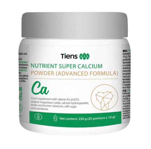 TIENS Nutrient Super Calcium Powder bottle showing a ready 10g serving for bone support.