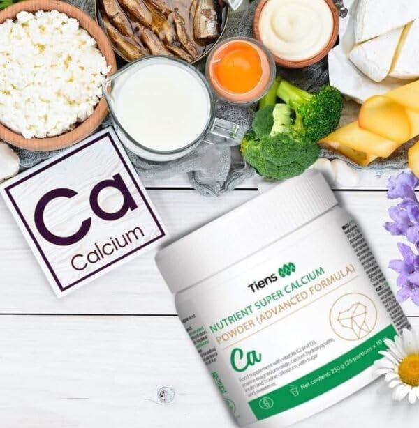 TIENS Nutrient Super Calcium Powder ingredient icons highlight minerals.