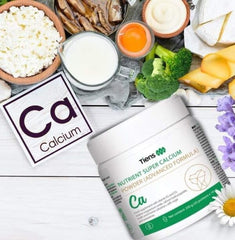 TIENS Nutrient Super Calcium Powder ingredient icons highlight minerals.