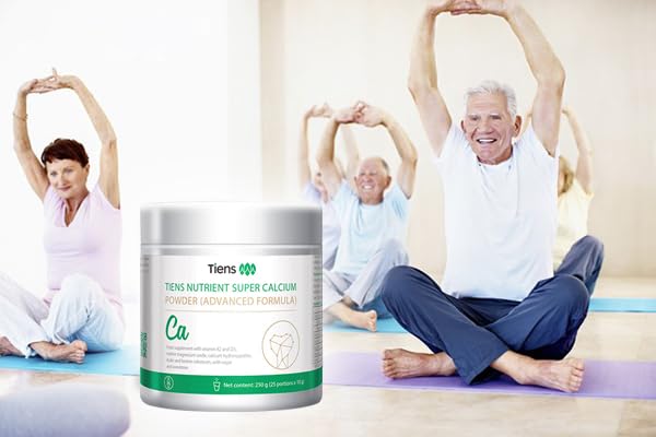 TIENS Nutrient Super Calcium Powder label closeup with minerals and serving details.