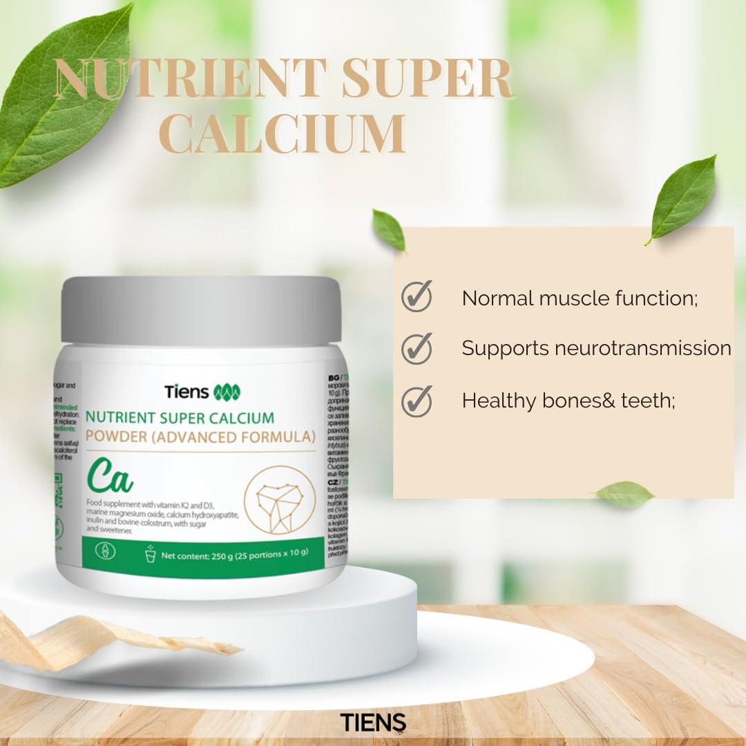 TIENS Nutrient Super Calcium Powder measuring spoon demonstrates convenient daily dose.