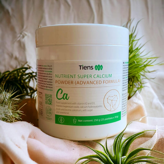 TIENS Nutrient Super Calcium Powder packaging highlights D3 and K2 for calcium absorption.