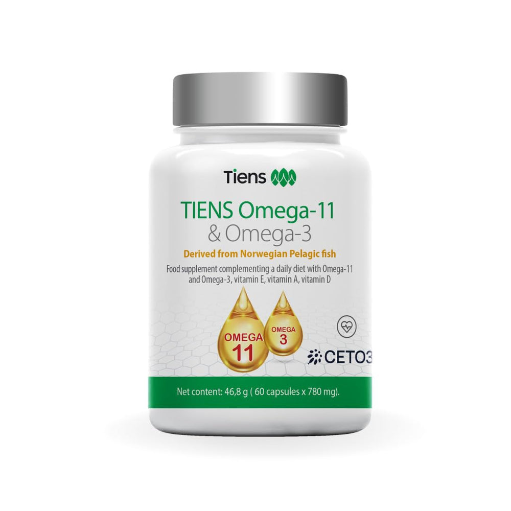 Tiens Omega 3 & 11 softgels bottle for daily heart and brain support.