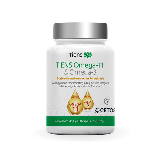 Tiens Omega 3 & 11 softgels bottle for daily heart and brain support.