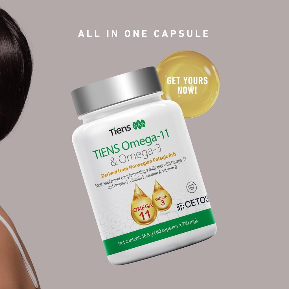 Tiens Omega 3 & 11 close-up of capsules highlighting easy intake.