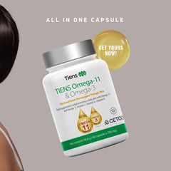 Tiens Omega 3 & 11 close-up of capsules highlighting easy intake.