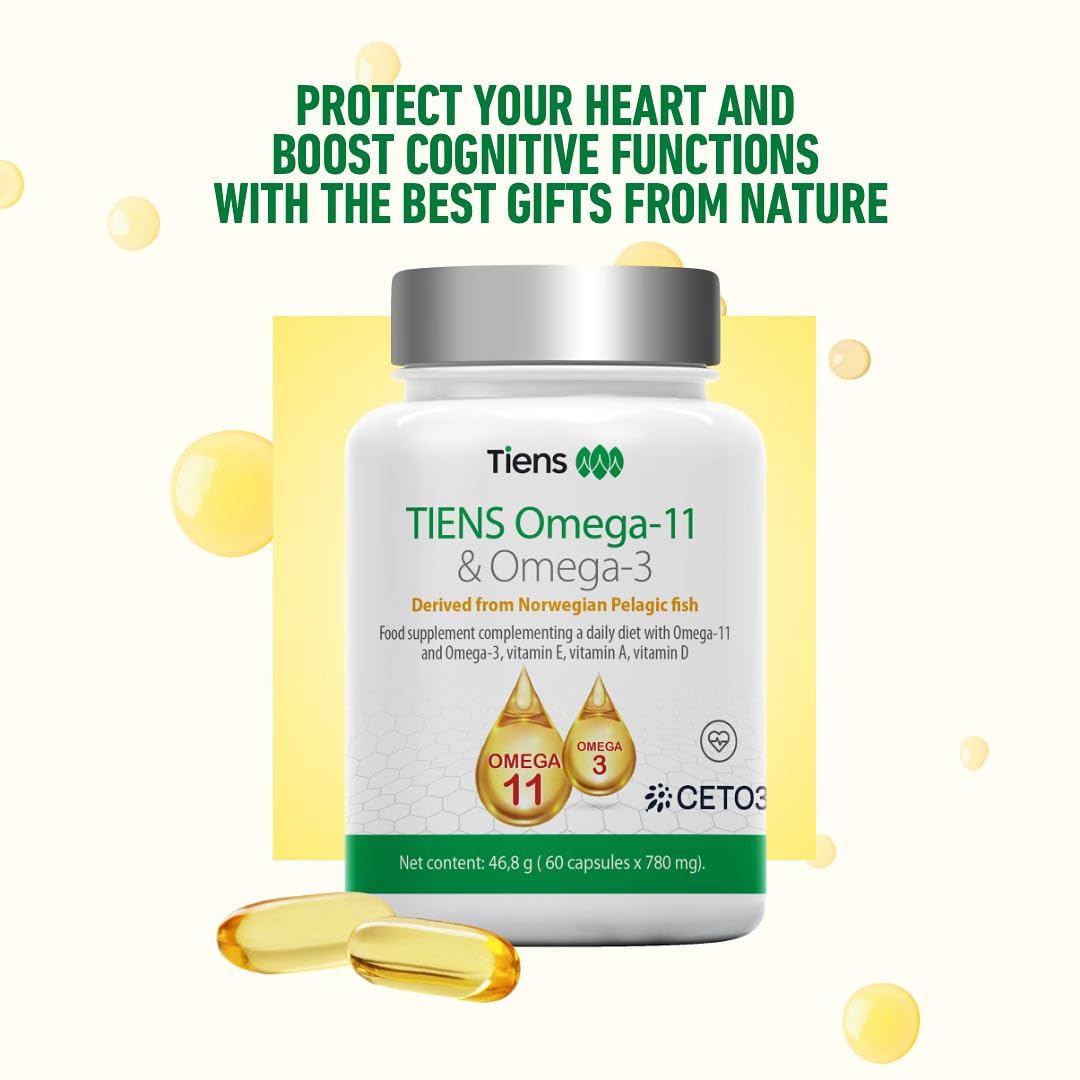 Tiens Omega 3 & 11 softgels with water for convenient daily use.
