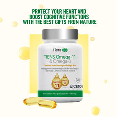 Tiens Omega 3 & 11 softgels with water for convenient daily use.