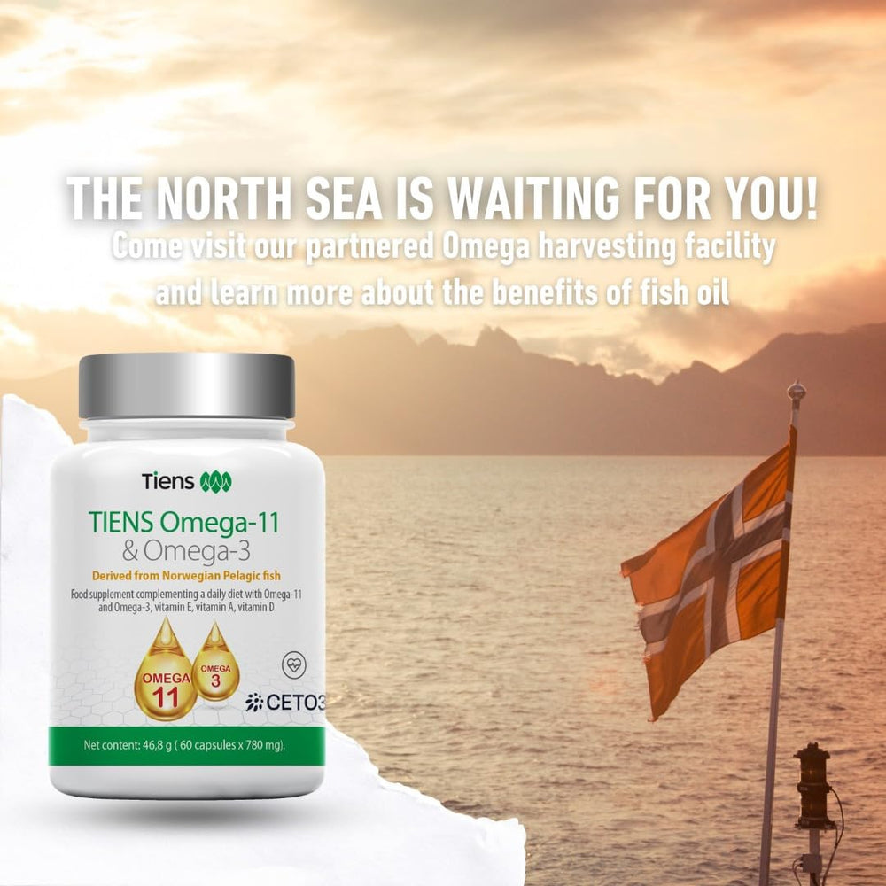 Tiens Omega 3 & 11 packaging on a shelf for everyday wellness routine.