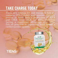 Tiens Omega 3 & 11 softgels with water illustrating simple daily routine.
