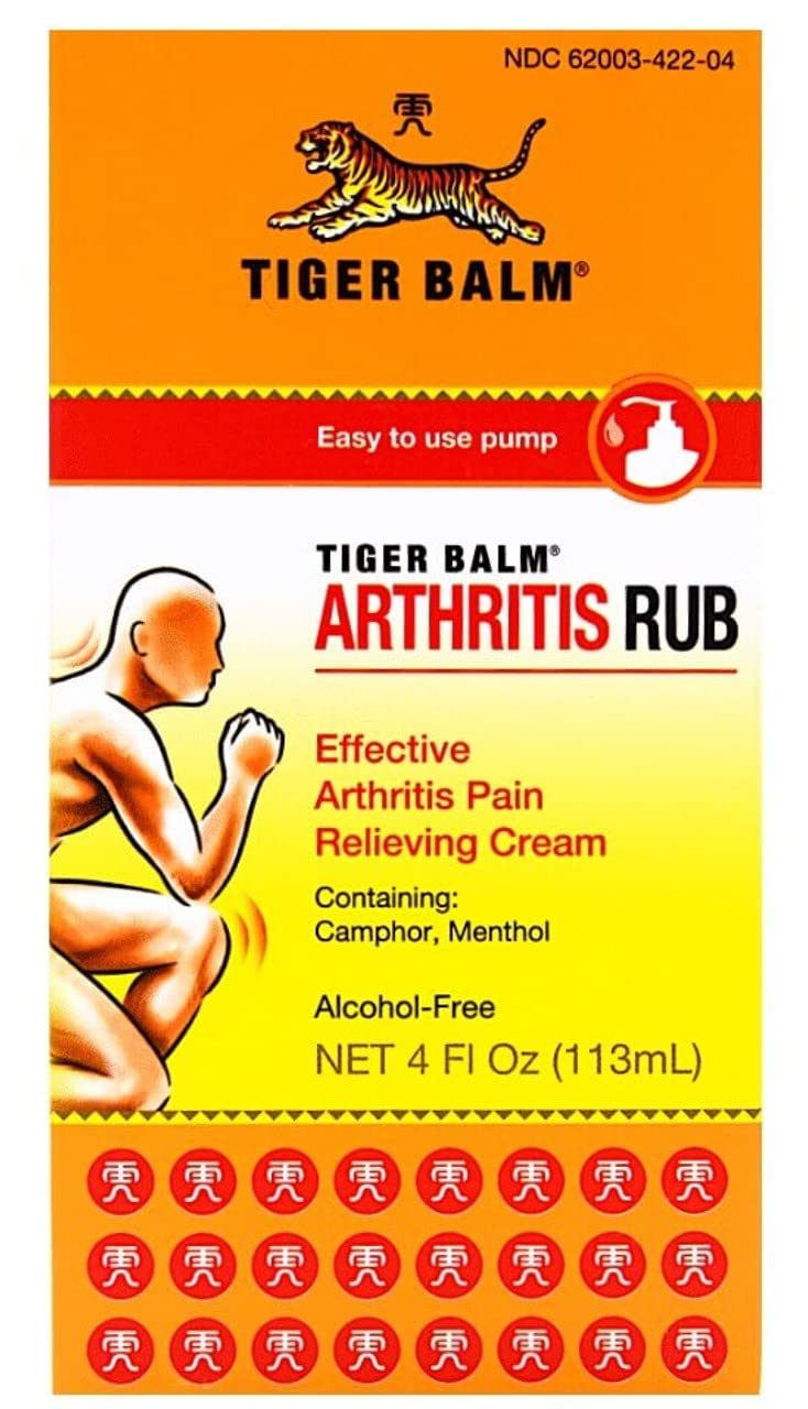Tiger Balm Arthritis Rub bottle label highlights joint relief for daily use.