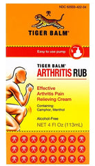 Tiger Balm Arthritis Rub bottle label highlights joint relief for daily use.