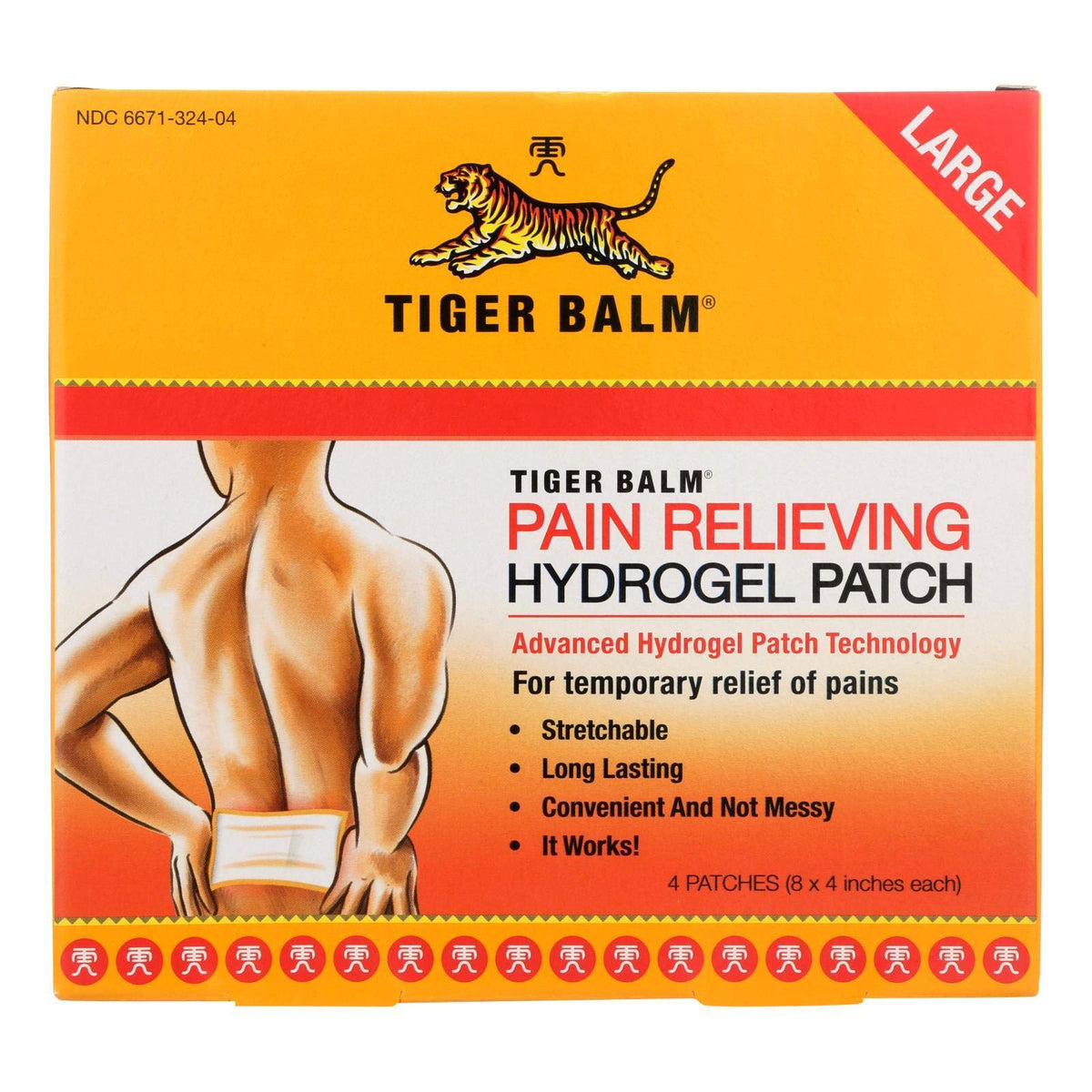 Tiger Balm patch close-up, flexible adhesive for discreet, comfortable pain relief under clothing.