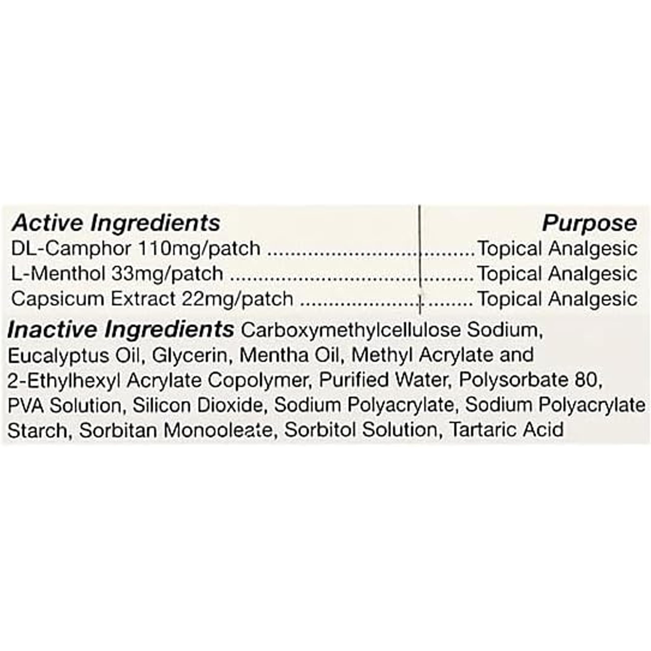Tiger Balm Patch inactive ingredients list includes eucalyptus and mentha oils
