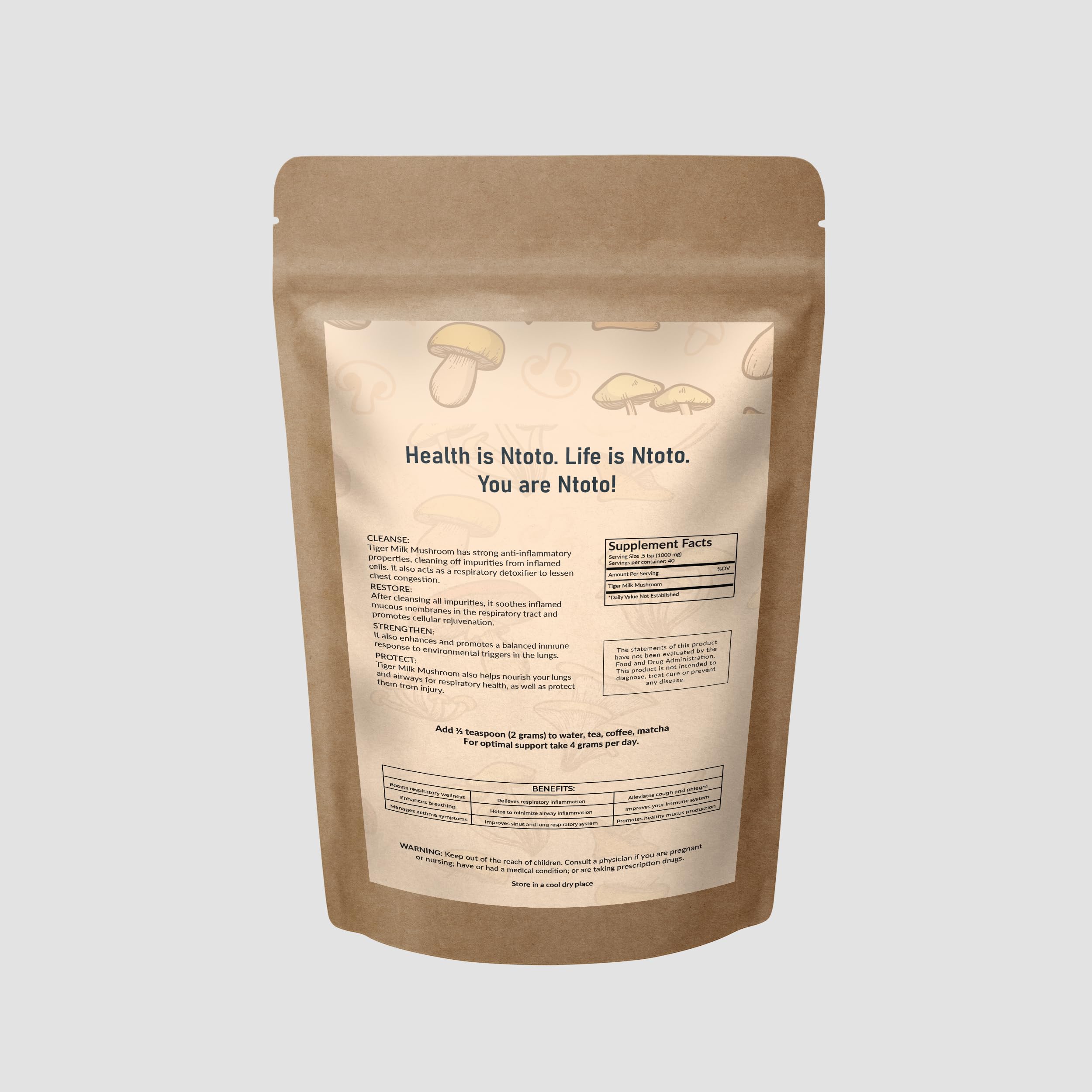 Tiger Milk Mushroom serving graphic illustrates dosage for respiratory support