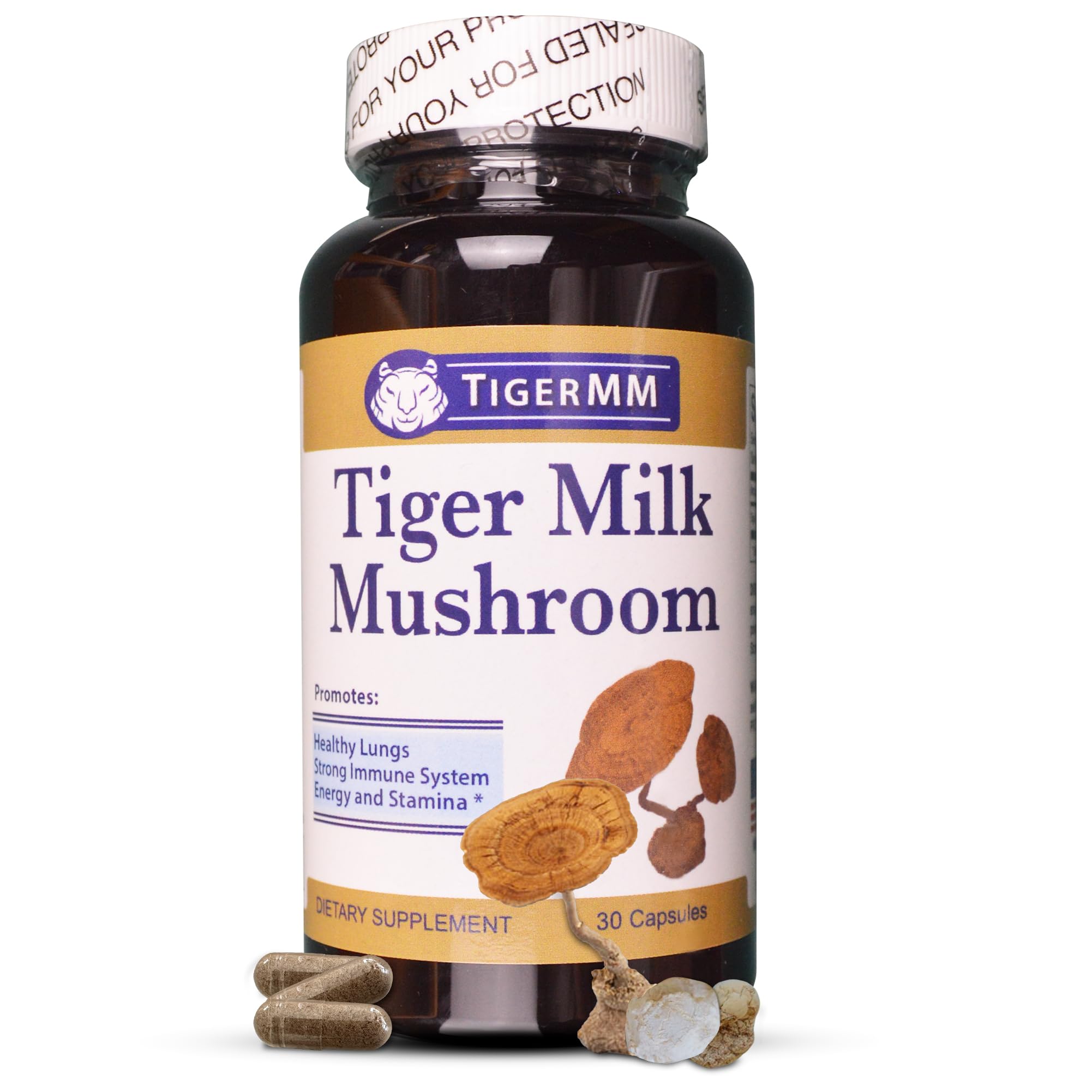 TigerMM Tiger Milk Mushroom bottle front for daily wellness support.