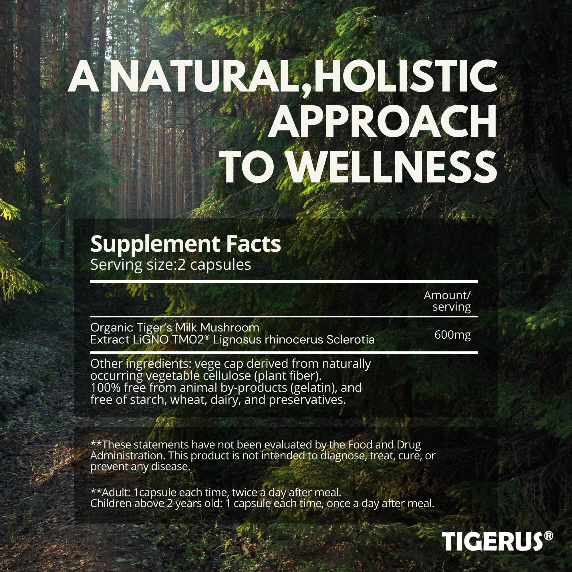 TIGERUS Tiger Milk Mushroom label details organic vegan formula for clean wellness.