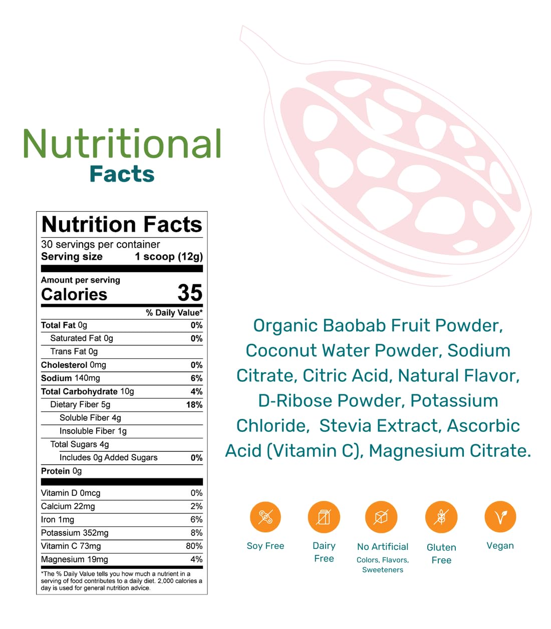 Tiiga baobab 7g scoop close-up highlighting natural prebiotic fiber source