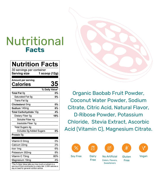 Tiiga baobab 7g scoop close-up highlighting natural prebiotic fiber source