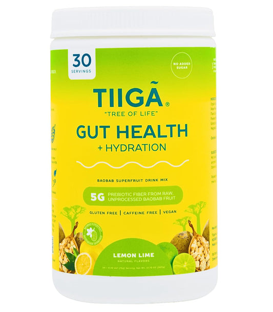 Tiiga gut health hydration lemon-lime glass showing a refreshing electrolyte-infused drink