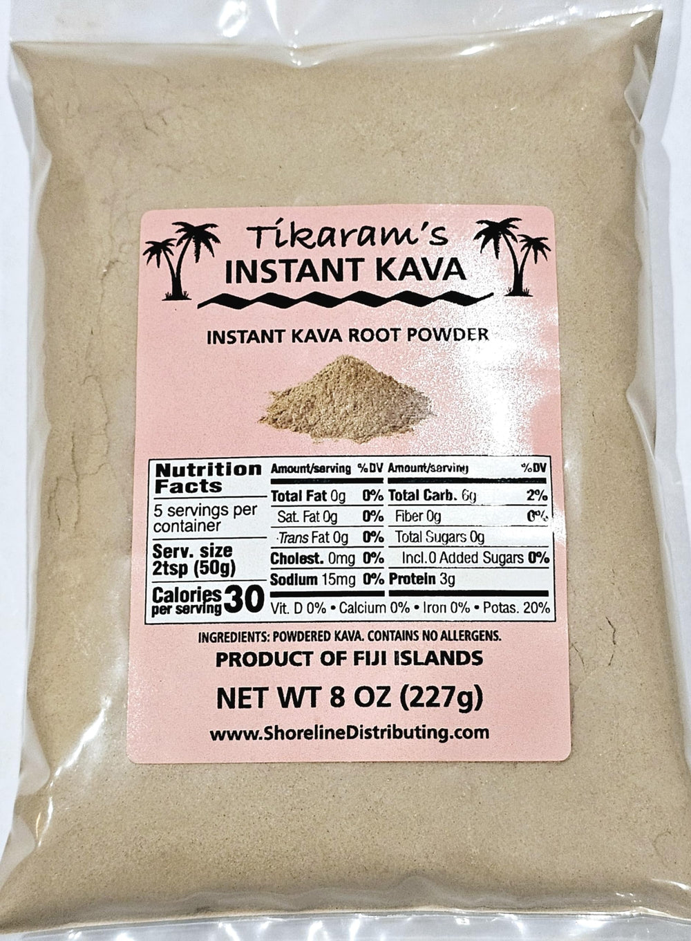 Tikaram's Instant Kava Powder bottle pour demonstrates quick mix for relaxing evenings.