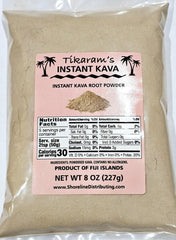 Tikaram's Instant Kava Powder bottle pour demonstrates quick mix for relaxing evenings.