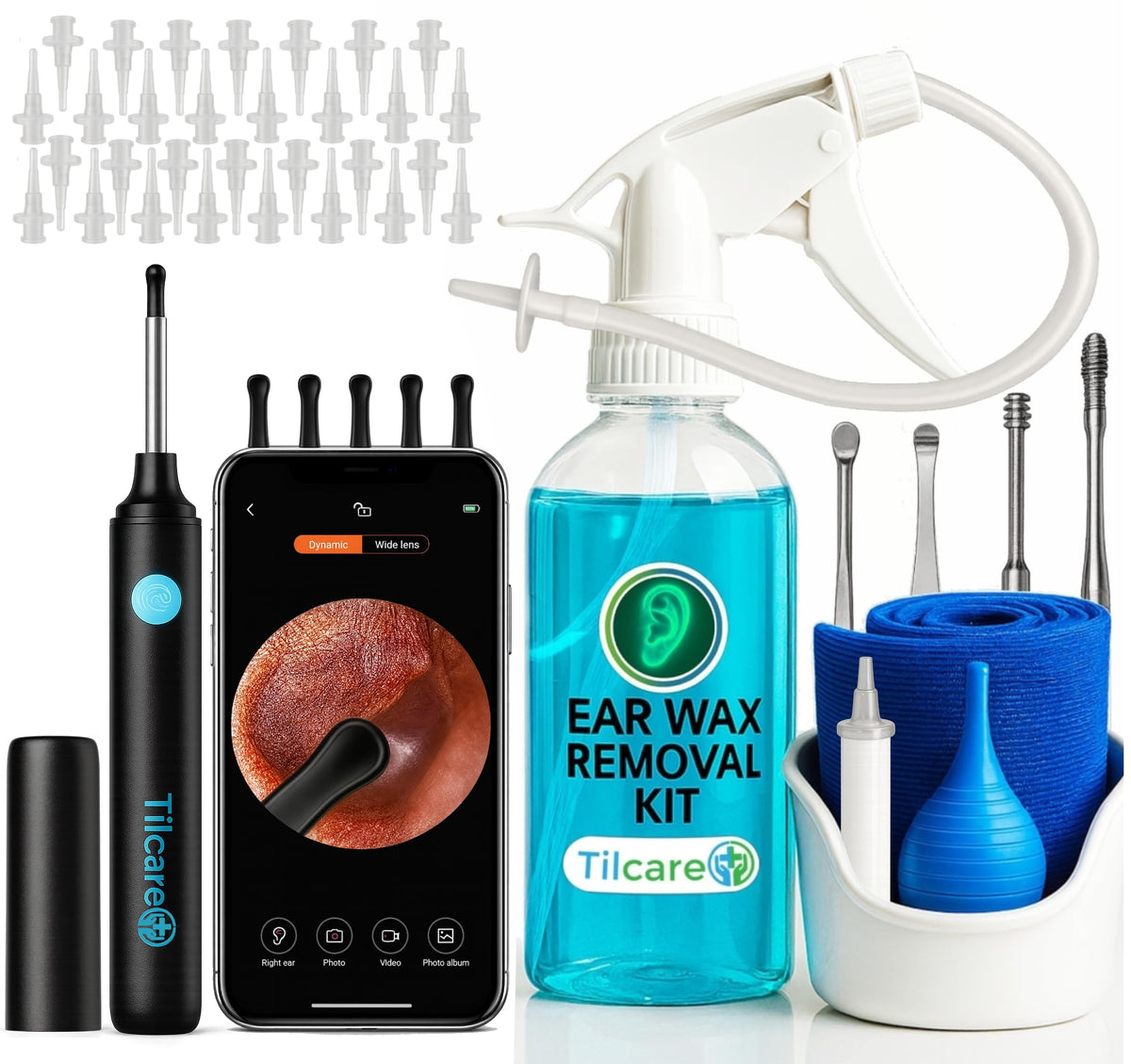 Tilcare ear camera bundle setup demonstrates a complete kit for safe at-home ear cleaning.