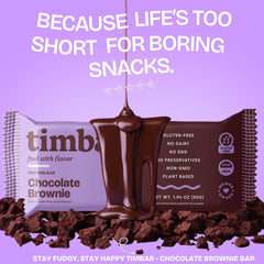 TIMBAR bar featuring almond butter and pea protein highlights clean ingredients.