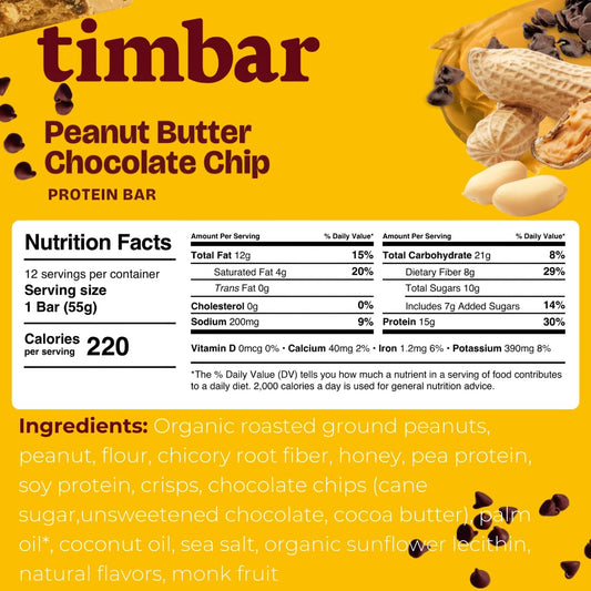 TIMBAR bar unwrapped shows texture and chocolate chips for snack satisfaction