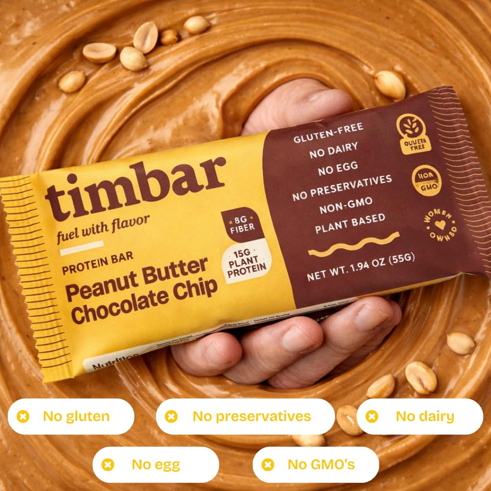 TIMBAR bar with peanuts and chocolate chips on clean background