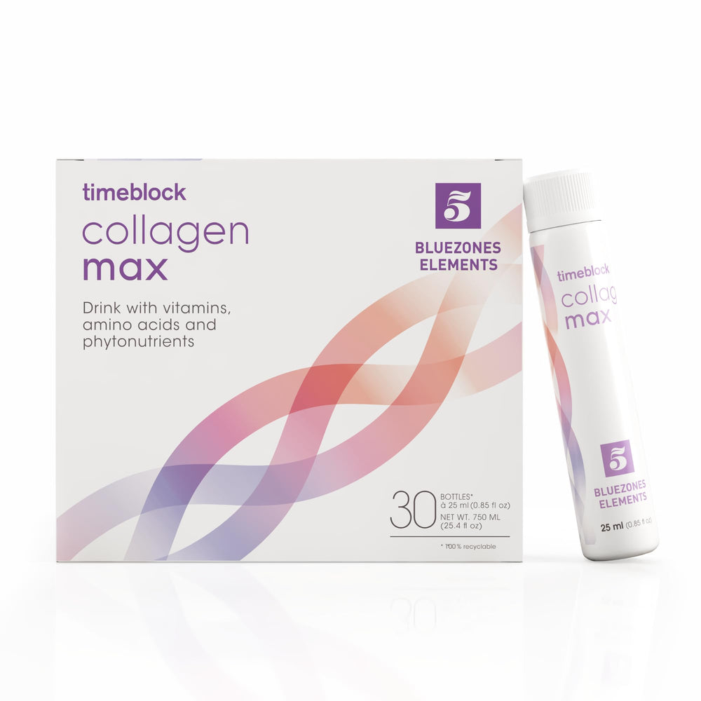 Timeblock CollagenMAX bottle displaying 30 servings for daily skin support.