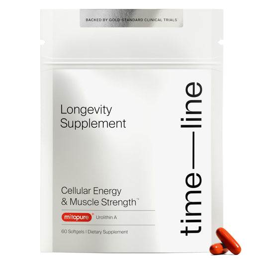 Timeline Mitopure softgels bottle closeup supporting cellular energy and healthy aging.