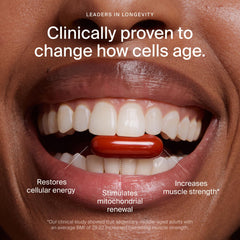 Timeline Mitopure softgels bottle front view for longevity and muscle support.