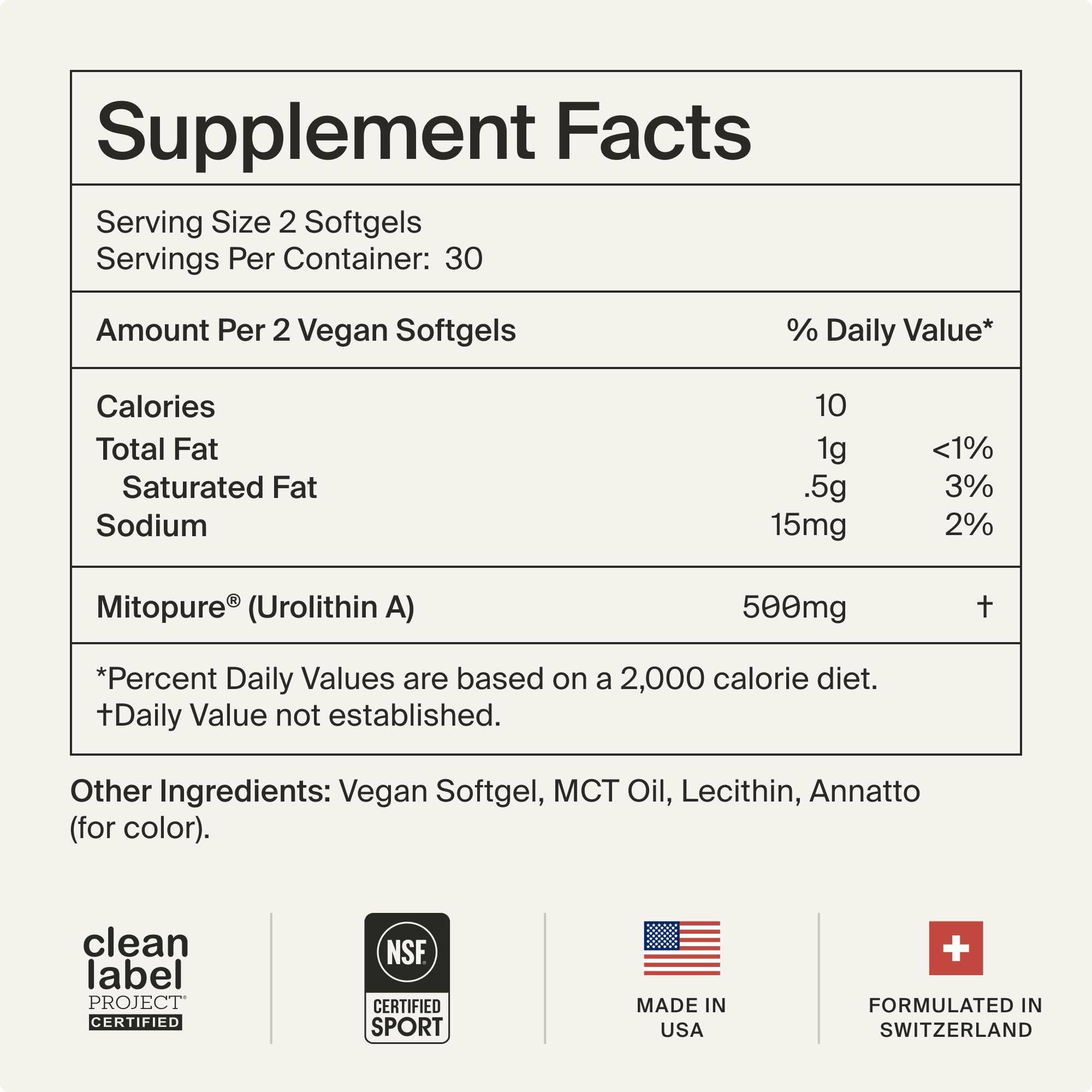 Timeline Mitopure softgels packaging shows USA-made quality and testing.