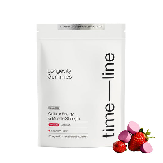 Timeline Mitopure Urolithin A Gummies label shown for daily energy support.