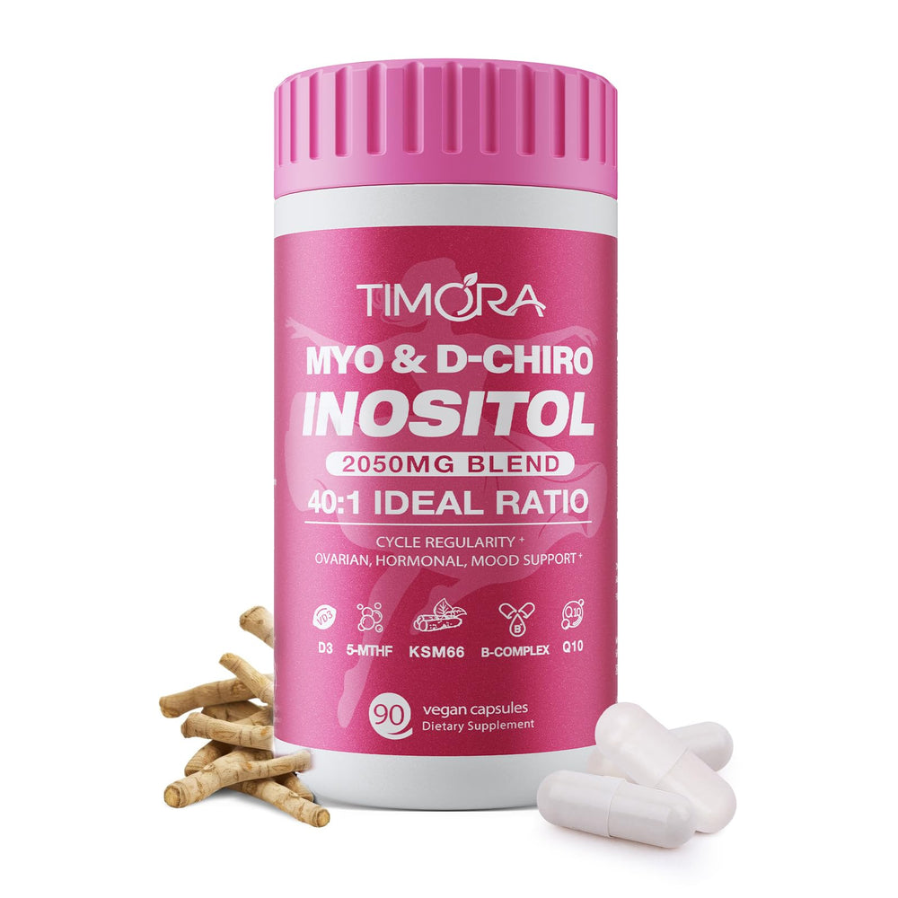 TIMORA Myo-D-Chiro Inositol bottle on table for hormonal balance