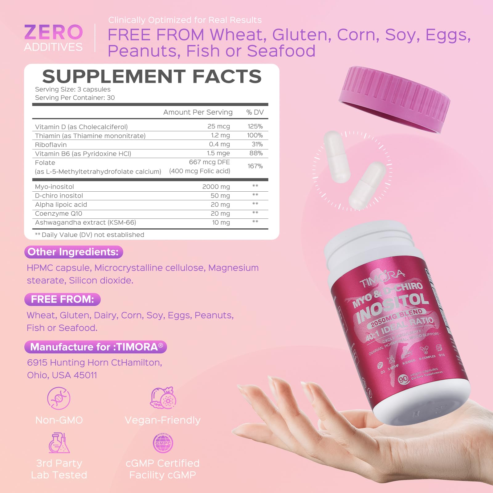 TIMORA label detail highlights blend and bioavailability
