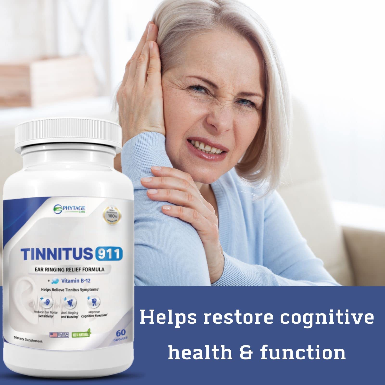 Tinnitus 911 USA made stamp on bottle, domestically produced supplement.