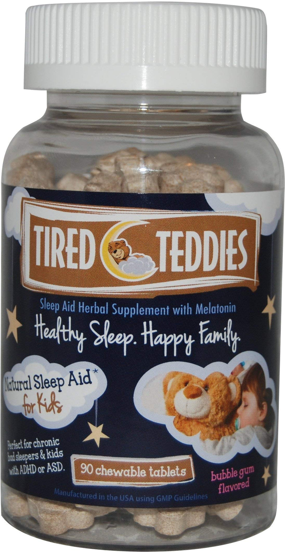 Tired Teddies bubblegum-flavor chewable tablets for kids' bedtime routine and gentle sleep support.