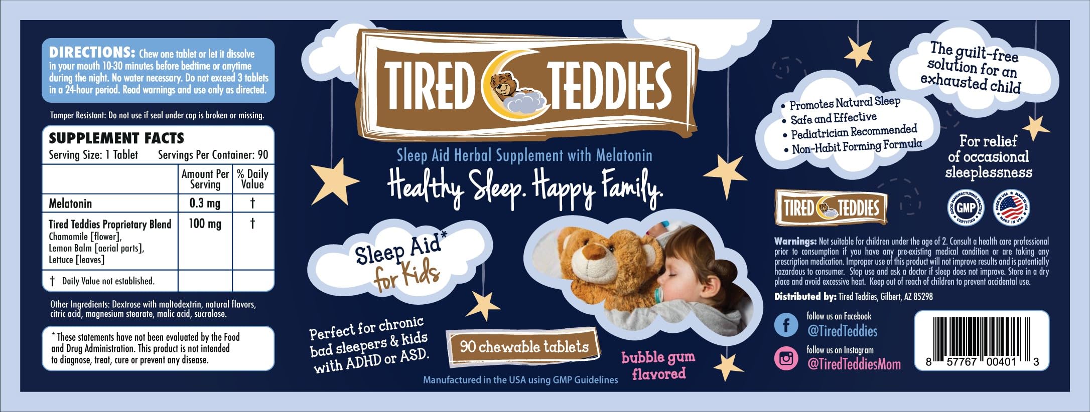 Tired Teddies packaging highlights nightly-use and easy-to-chew teddy bear tablets.