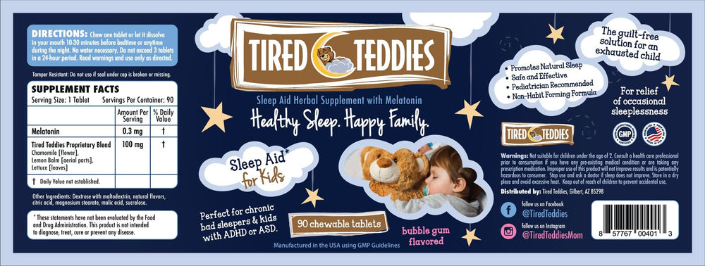 Tired Teddies packaging highlights nightly-use and easy-to-chew teddy bear tablets.