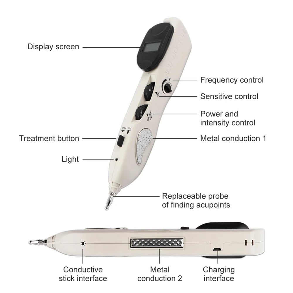Tirisia rechargeable meridian pen shown on charging dock.